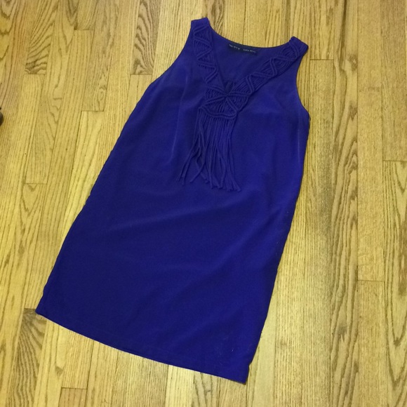 Zara cobalt shift dress w/ macrame fringe neckline - Picture 3 of 6